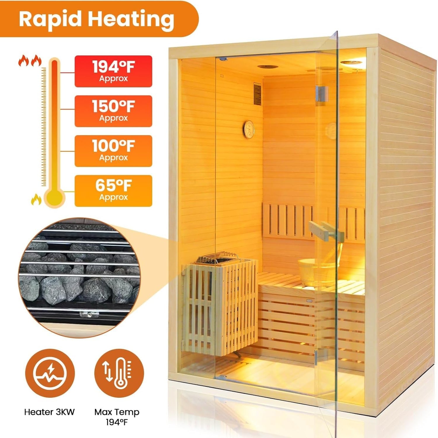 Steam Sauna 2-3 Person Traditional Sauna with 3KW/240V Stove Heater | Home Indoor Hemlock Sauna Room with Wooden Barrel & Spoon, Sauna Stone, Cup Holder, LED Lighting, Speaker, 41.34X47.24X74.8"