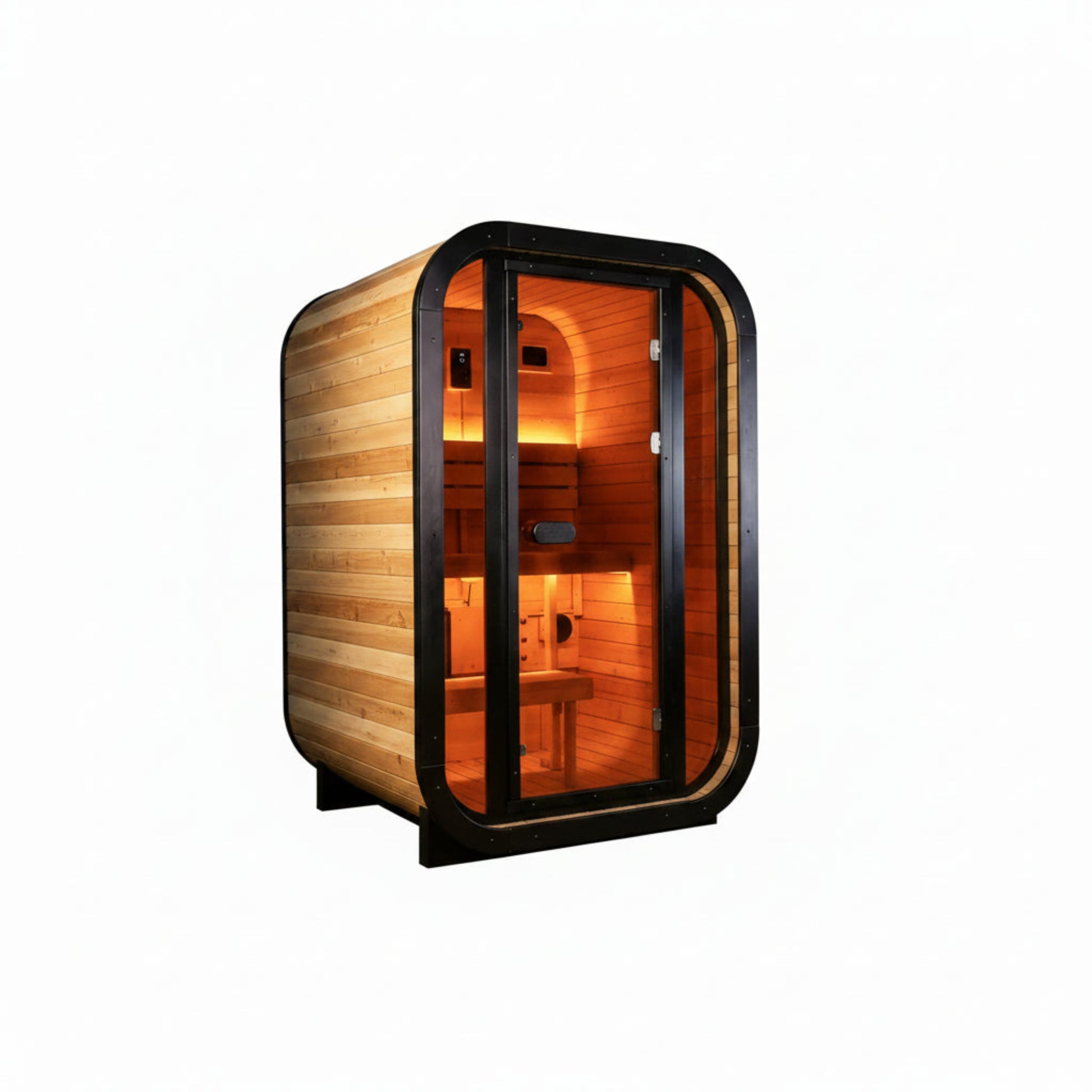 1-2 Person Outdoor Traditional Steam Sauna, Weatherproof Square Sauna Cabin with Black Trim, Natural Spruce Wood Sauna Room, LED Strip & Panoramic Glass Door, for Backyard Garden Home Spa, Relaxation