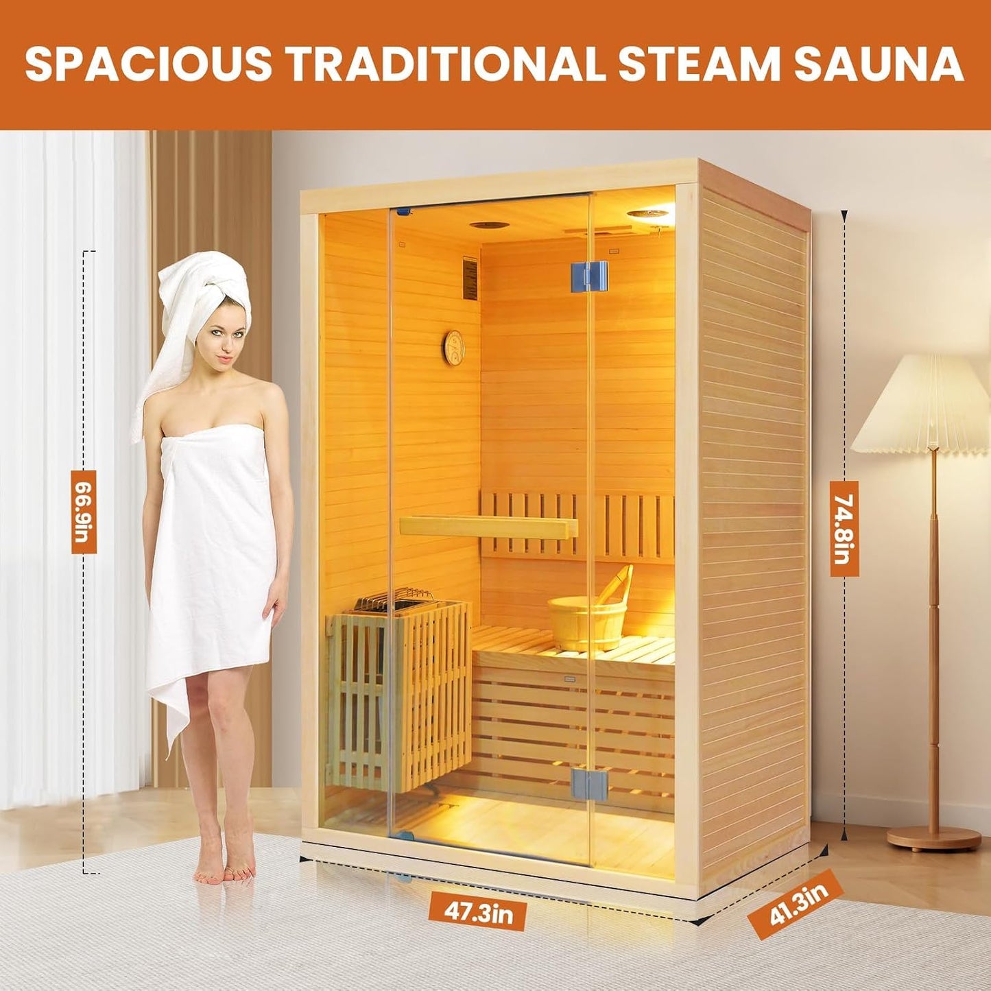 Steam Sauna 2-3 Person Traditional Sauna with 3KW/240V Stove Heater | Home Indoor Hemlock Sauna Room with Wooden Barrel & Spoon, Sauna Stone, Cup Holder, LED Lighting, Speaker, 41.34X47.24X74.8"