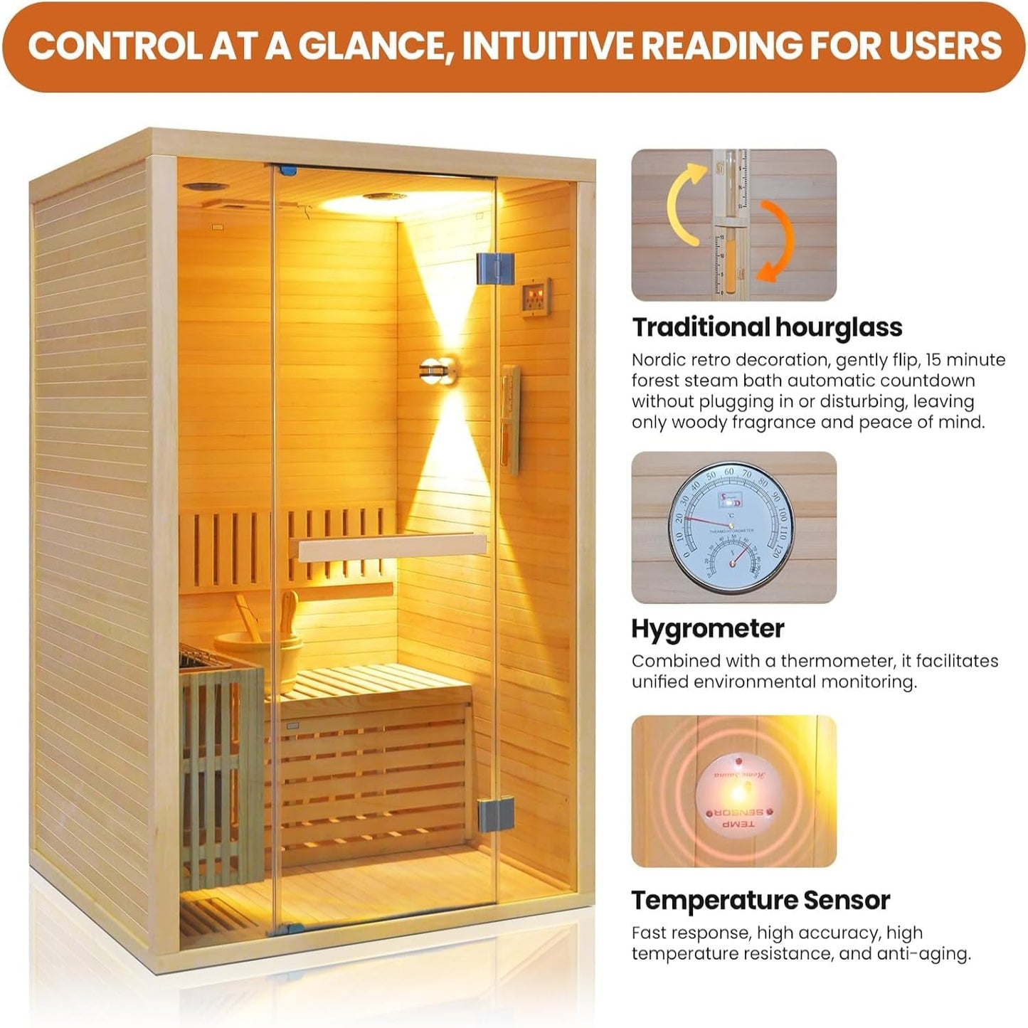 Steam Sauna 2-3 Person Traditional Sauna with 3KW/240V Stove Heater | Home Indoor Hemlock Sauna Room with Wooden Barrel & Spoon, Sauna Stone, Cup Holder, LED Lighting, Speaker, 41.34X47.24X74.8"