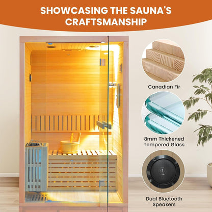 Steam Sauna 2-3 Person Traditional Sauna with 3KW/240V Stove Heater | Home Indoor Hemlock Sauna Room with Wooden Barrel & Spoon, Sauna Stone, Cup Holder, LED Lighting, Speaker, 41.34X47.24X74.8"