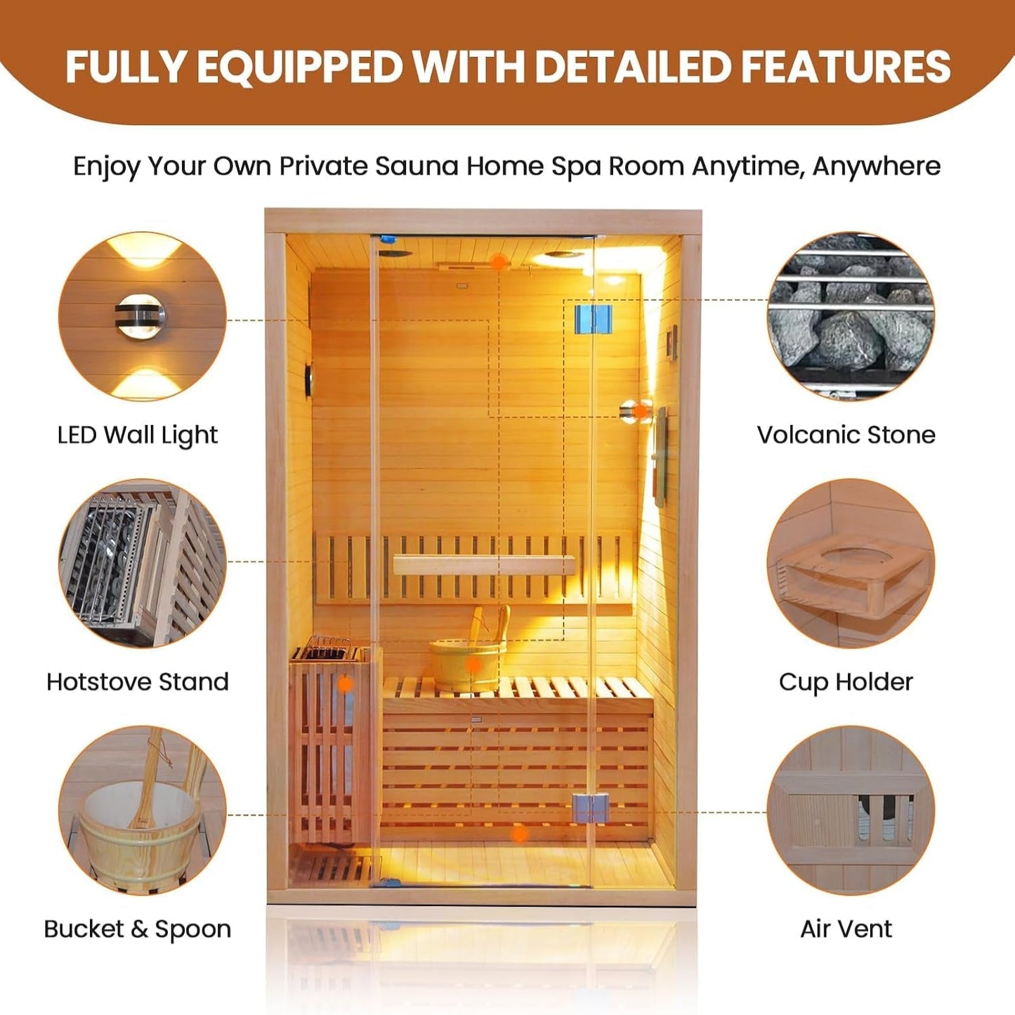 Steam Sauna 2-3 Person Traditional Sauna with 3KW/240V Stove Heater | Home Indoor Hemlock Sauna Room with Wooden Barrel & Spoon, Sauna Stone, Cup Holder, LED Lighting, Speaker, 41.34X47.24X74.8"