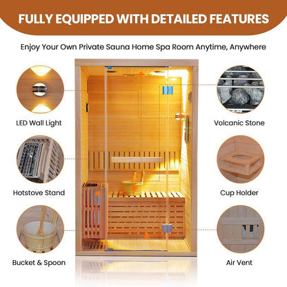 Steam Sauna 2-3 Person Traditional Sauna with 3KW/240V Stove Heater | Home Indoor Hemlock Sauna Room with Wooden Barrel & Spoon, Sauna Stone, Cup Holder, LED Lighting, Speaker, 41.34X47.24X74.8"