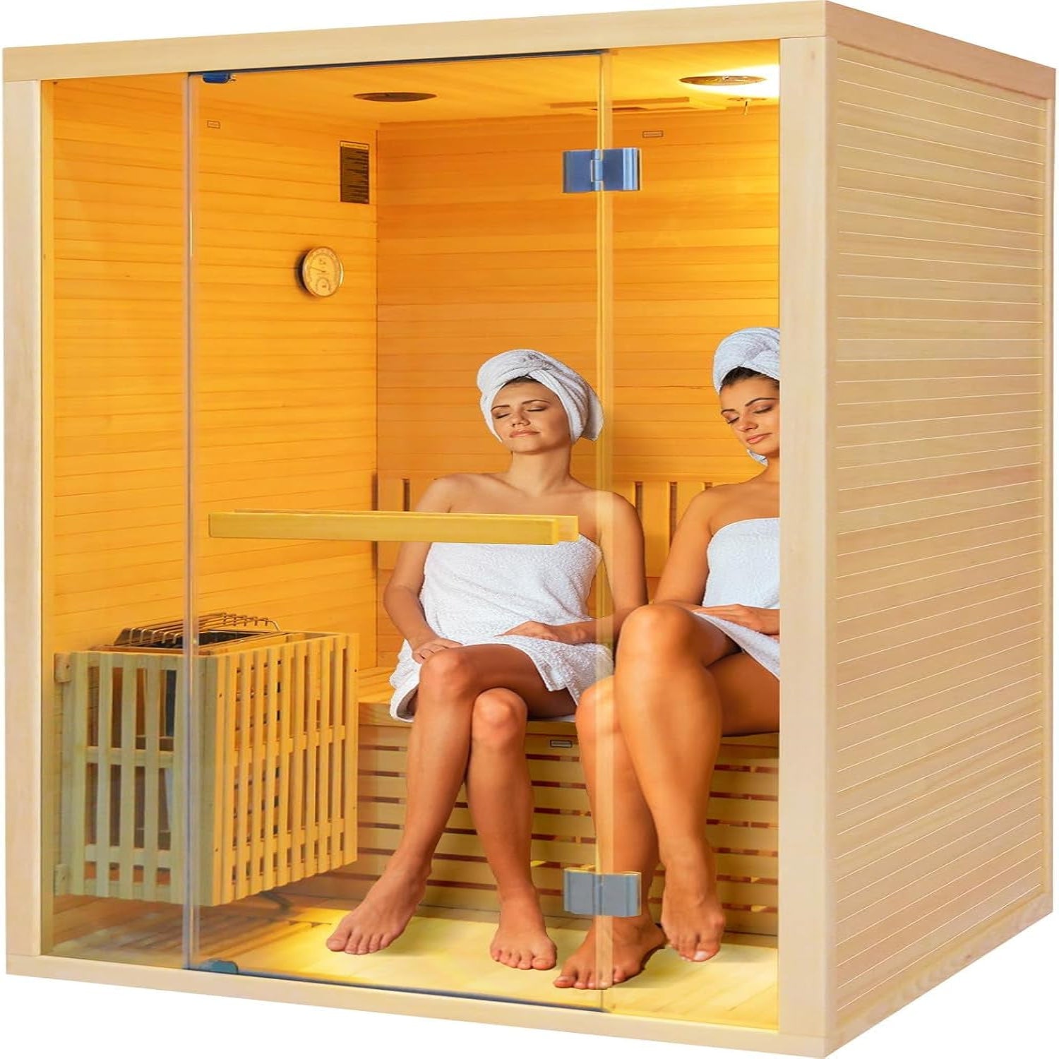 Steam Sauna 2-3 Person Traditional Sauna with 3KW/240V Stove Heater | Home Indoor Hemlock Sauna Room with Wooden Barrel & Spoon, Sauna Stone, Cup Holder, LED Lighting, Speaker, 41.34X47.24X74.8"