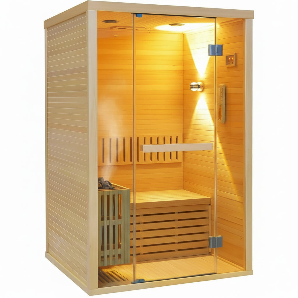 Steam Sauna 2-3 Person Traditional Sauna with 3KW/240V Stove Heater | Home Indoor Hemlock Sauna Room with Wooden Barrel & Spoon, Sauna Stone, Cup Holder, LED Lighting, Speaker, 41.34X47.24X74.8"