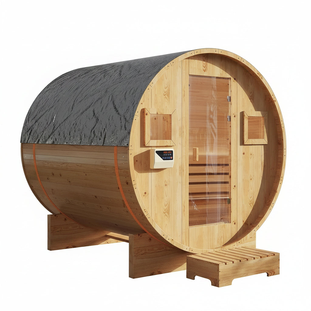 Outdoor Traditional Barrel Sauna | 4-6 Person Wood Sauna, Steam and Wet Sauna with 220V with 6KW Electric Heater, Sauna Stone