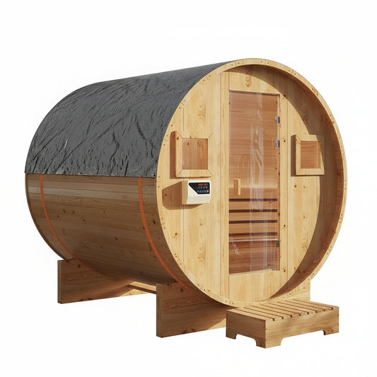 Outdoor Traditional Barrel Sauna | 4-6 Person Wood Sauna, Steam and Wet Sauna with 220V with 6KW Electric Heater, Sauna Stone