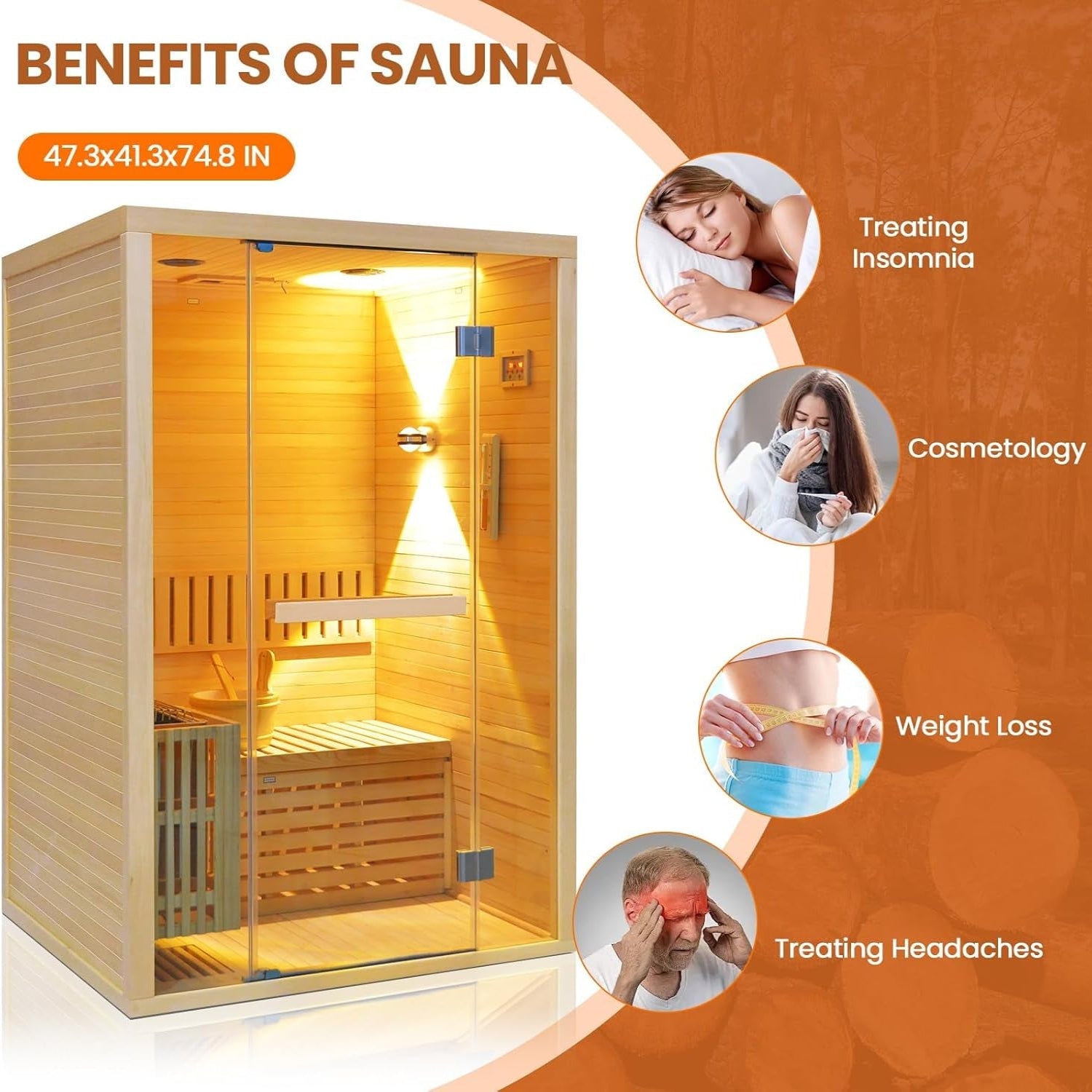 Steam Sauna 2-3 Person Traditional Sauna with 3KW/240V Stove Heater | Home Indoor Hemlock Sauna Room with Wooden Barrel & Spoon, Sauna Stone, Cup Holder, LED Lighting, Speaker, 41.34X47.24X74.8"